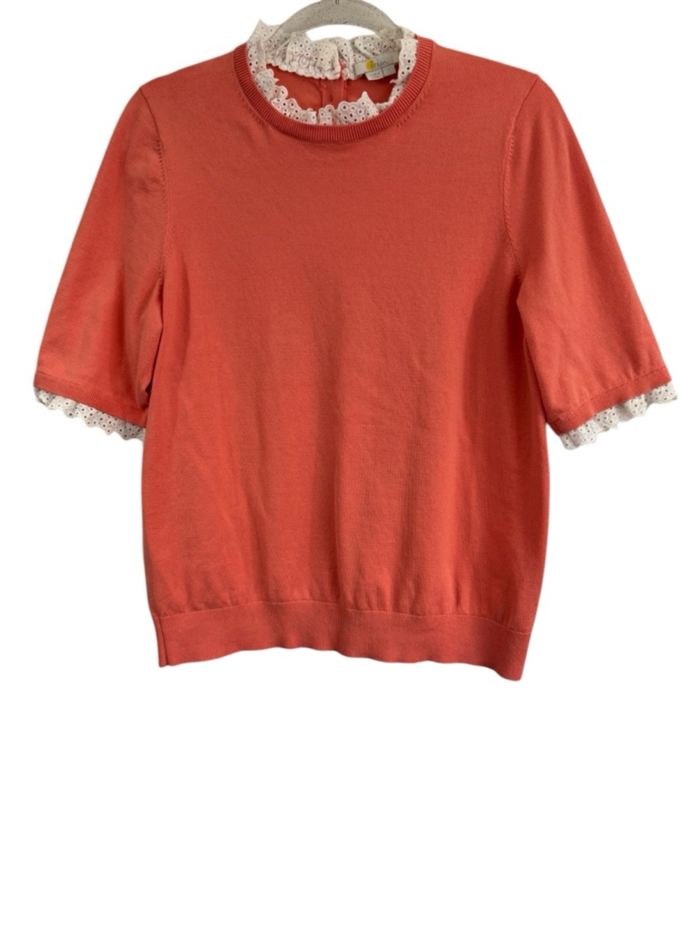 Boden Ali Peach Pink White Cotton Knit T-Shirt Short Sleeve Lace Trimmed Tee L